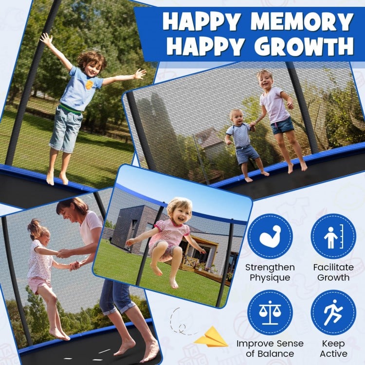 Kids jumping on a 12FT blue trampoline with safety net, promoting active play and physical growth outdoors.