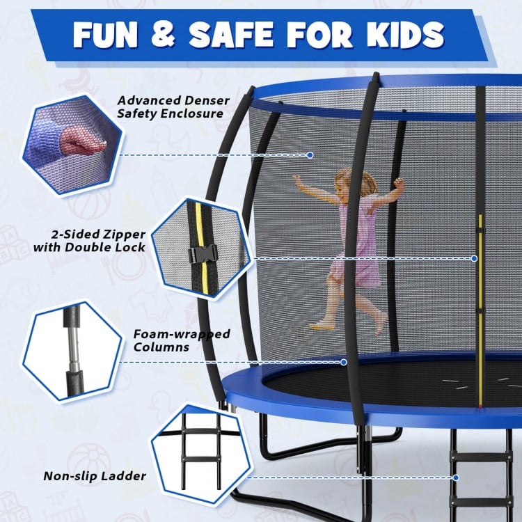 12FT blue trampoline with safety enclosure, non-slip ladder, and foam-wrapped columns for secure outdoor fun.