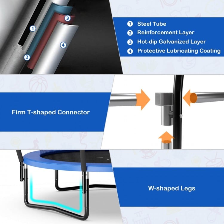 Detailed view of the 12FT trampoline's steel tube construction and T-shaped connector, ensuring stability and safety.