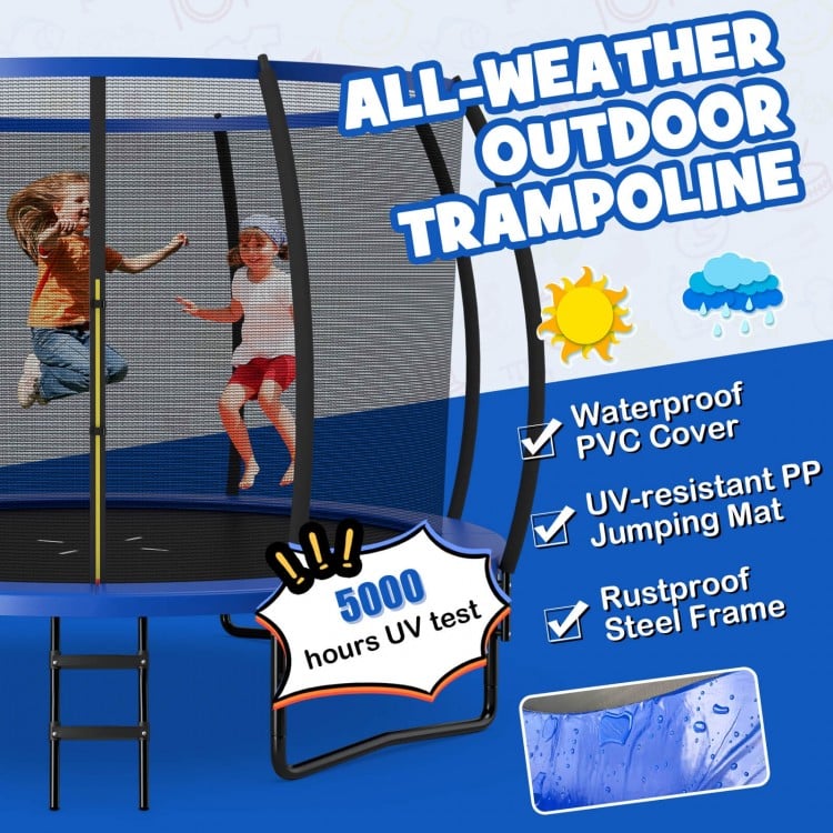 12FT outdoor trampoline with safety net, UV-resistant jumping mat, and rustproof steel frame, perfect for family fun.