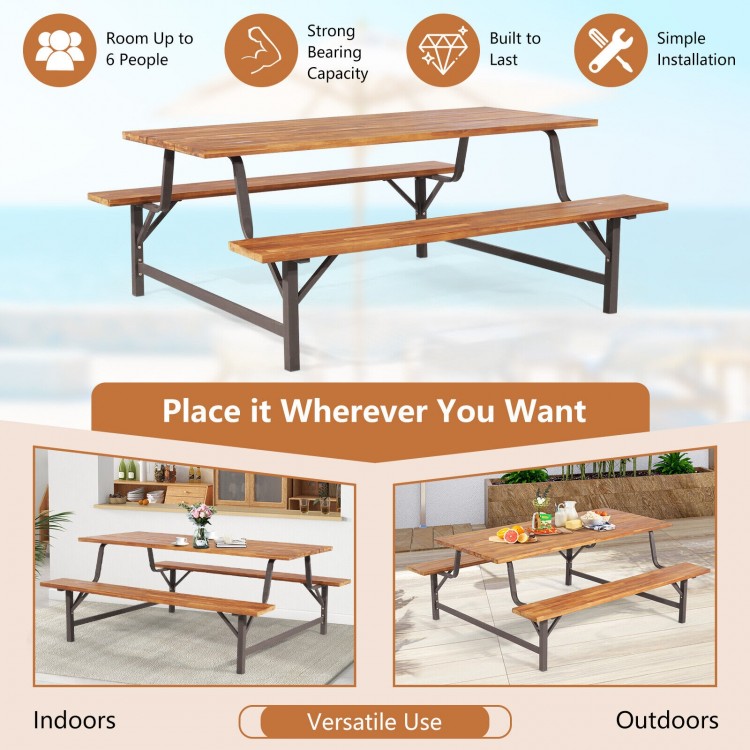 6-person outdoor picnic table and bench set with acacia wood top and rustproof metal frame, ideal for gatherings.