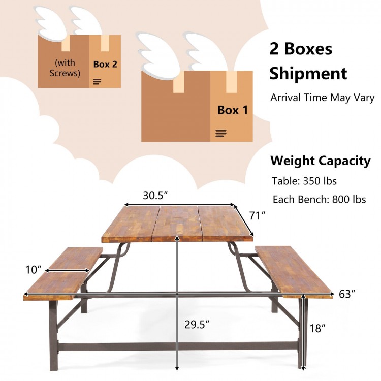 Outdoor picnic table and bench set made of acacia wood, featuring a 2" umbrella hole and rustproof metal frame.