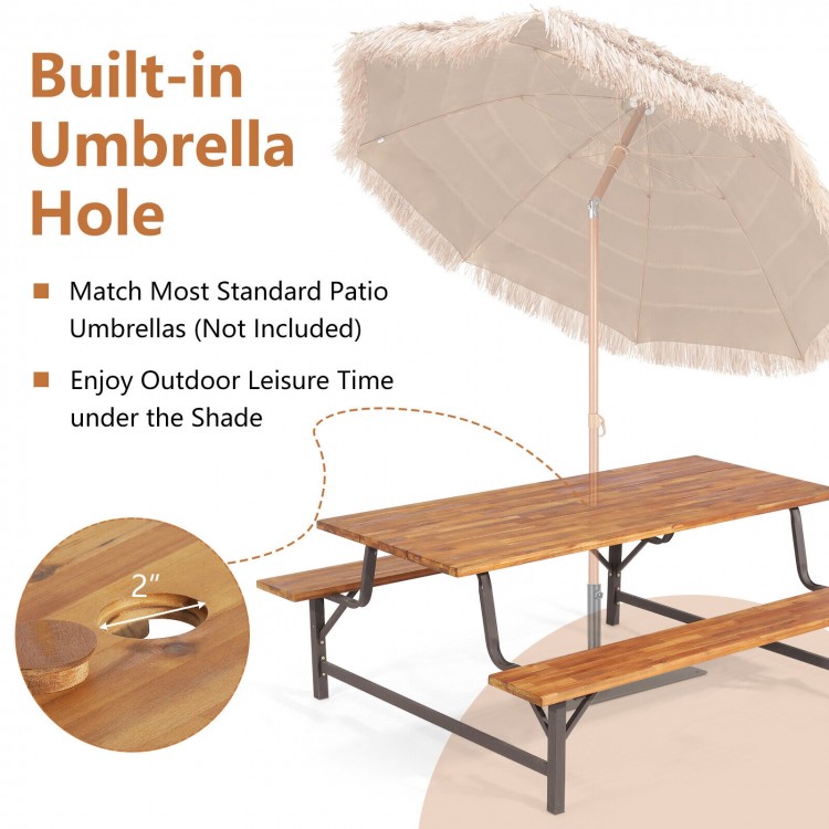 6-person outdoor picnic table and bench set featuring a 2-inch umbrella hole, crafted from durable acacia wood.