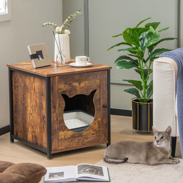 Cat litter box enclosure in brown with a cute cat-shaped entrance, featuring a solid metal frame and ventilated holes.