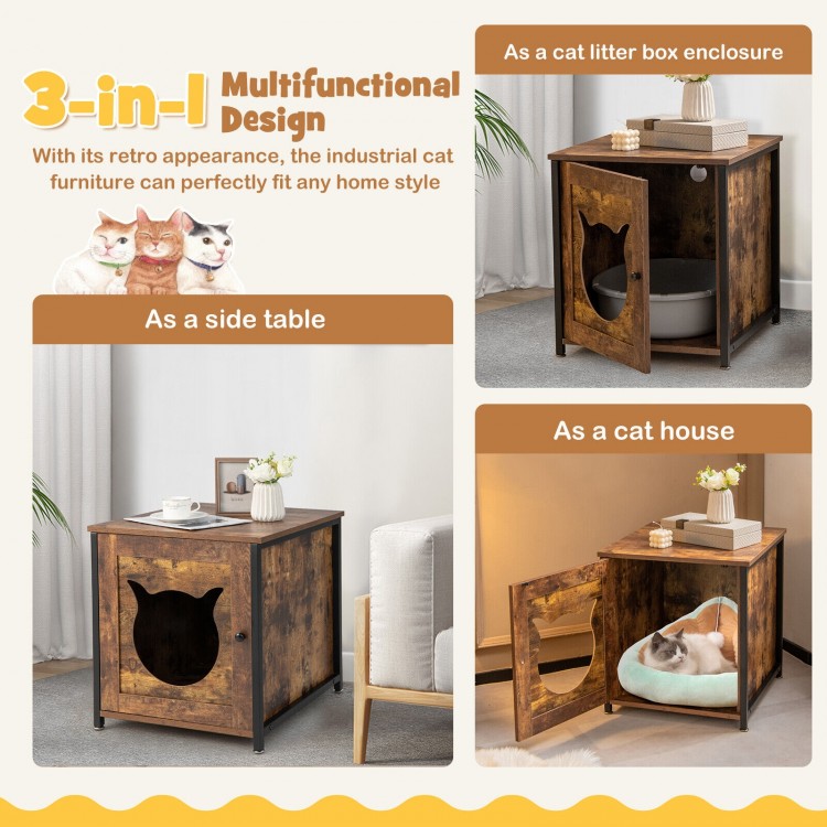 Cat litter box enclosure in brown with cat-shaped door, ventilated holes, and vintage wooden finish for stylish pet.