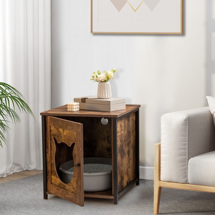 Cat litter box enclosure in brown with a cute cat-shaped door, featuring a solid metal frame and ventilated holes for.