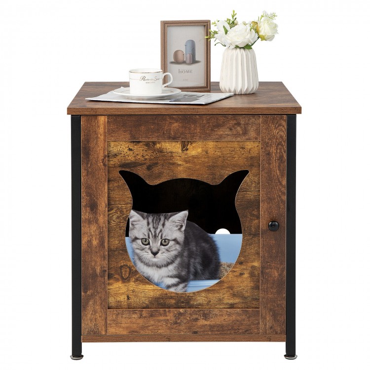 Cat litter box enclosure in brown with a cute cat-shaped entrance, offering privacy and ventilation for your pet.