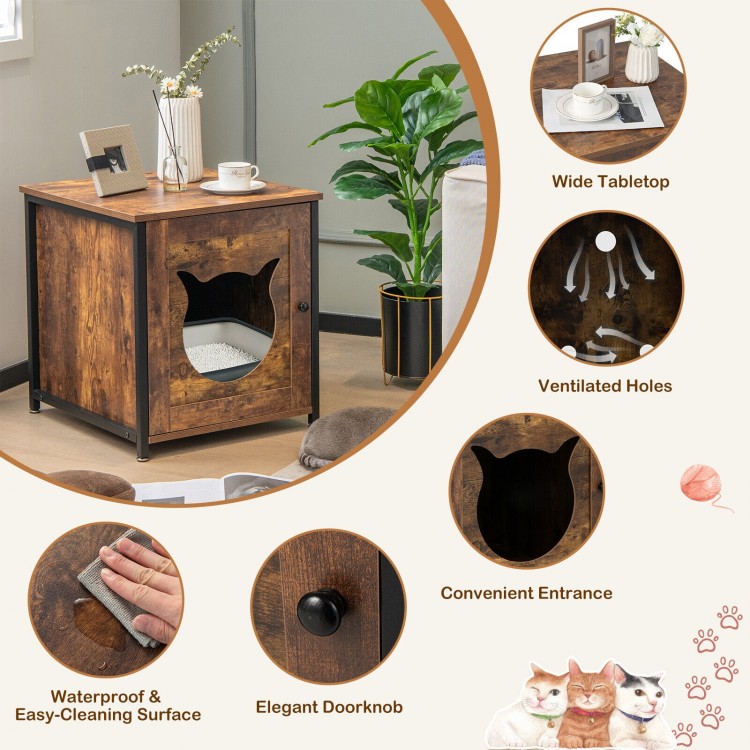 Cat litter box enclosure in brown with a cute cat-shaped entrance, ventilated holes, and a wide tabletop for versatile.