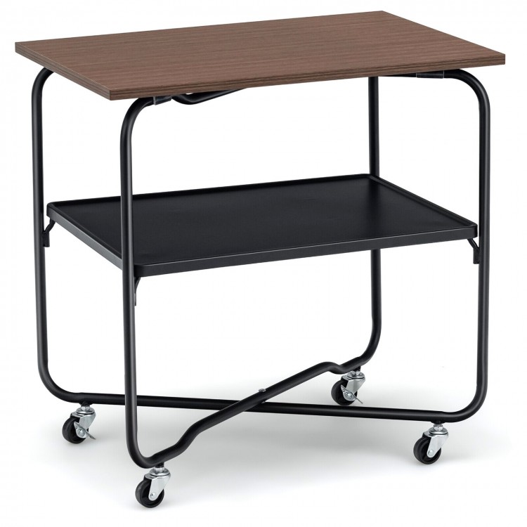 2-tier end table with a brown MDF top and black metal frame, featuring wheels for easy mobility and lockable casters.