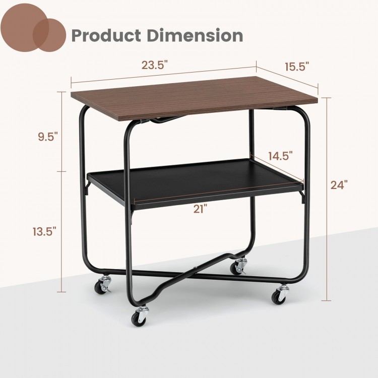 2-tier end table with metal storage shelf, brown MDF top, and foldable frame, featuring dimensions and wheels for easy.