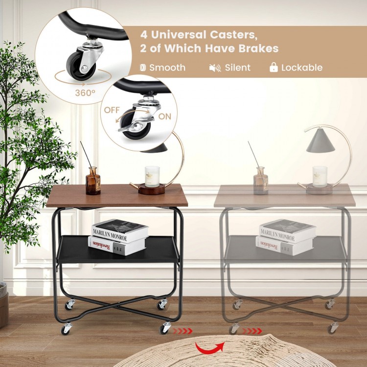 2-tier end table with a foldable frame, brown MDF surface, and lockable casters for versatile storage and mobility.