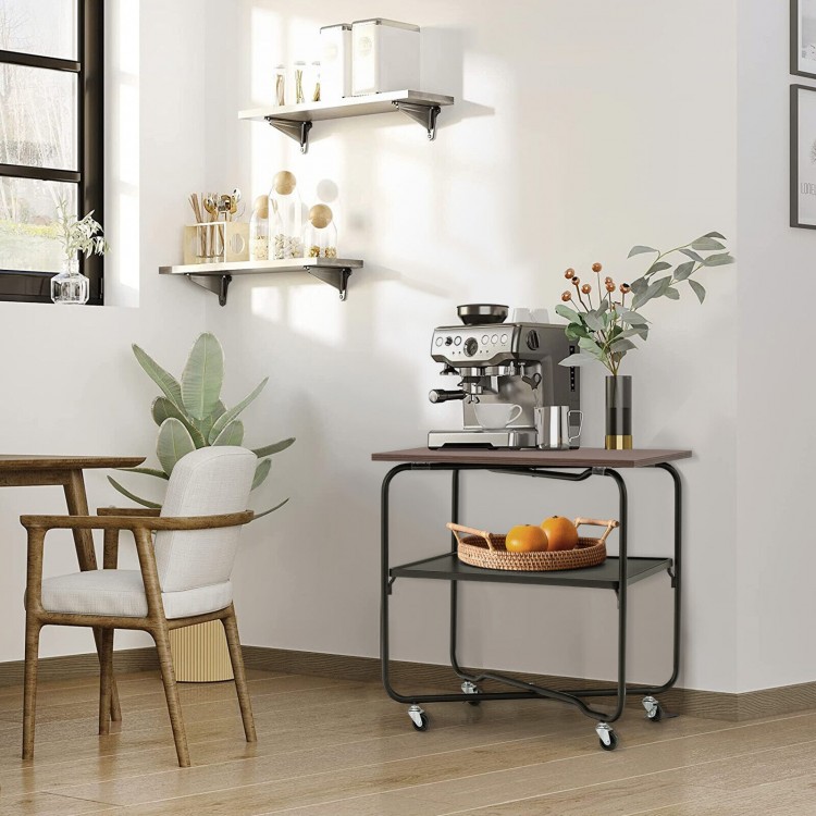 2-tier end table with a brown MDF surface and metal frame, featuring wheels for easy mobility and lockable casters.