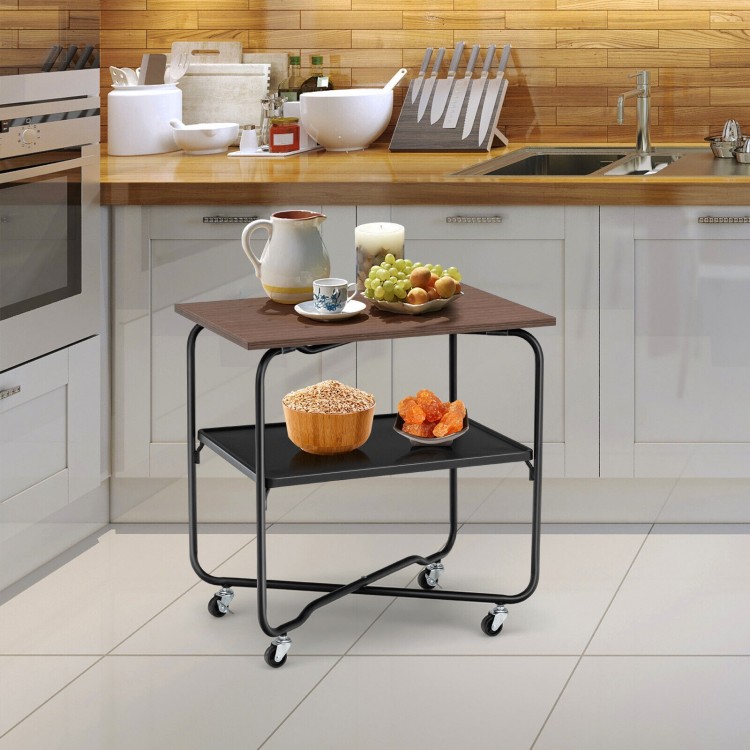 2-tier end table with a brown MDF top and metal frame, featuring wheels for easy mobility in the kitchen.