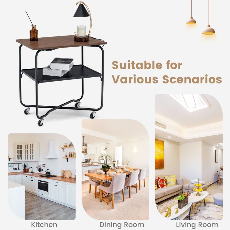 2-tier end table in brown with metal storage shelf, featuring wheels for easy mobility, ideal for various living spaces.