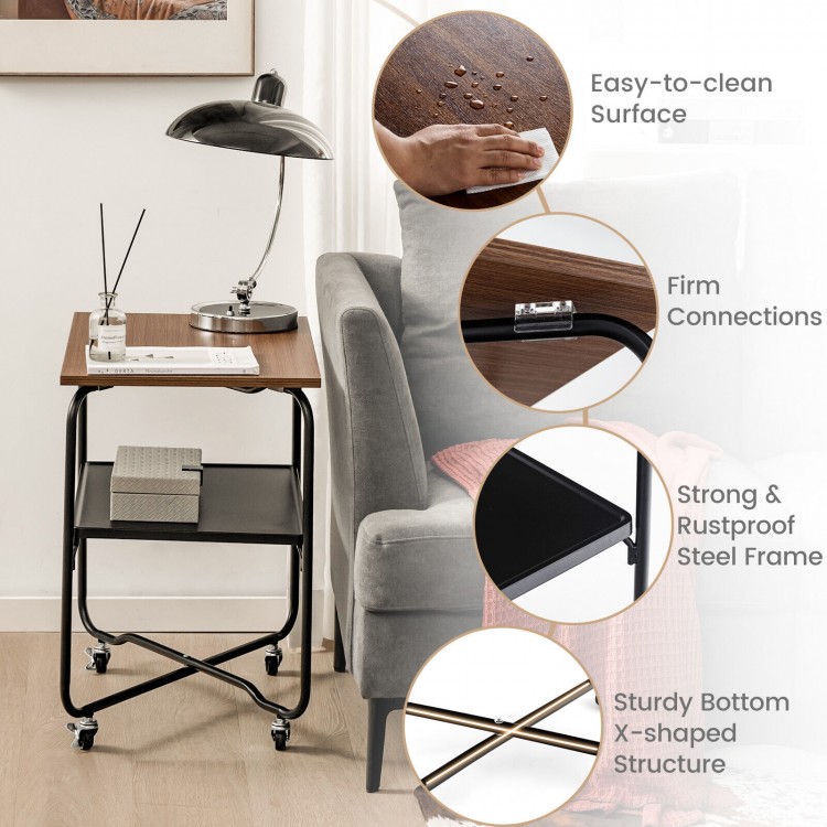 Detail of the foldable frame on the brown 2-tier end table, showcasing sturdy connections and easy-to-clean surface.