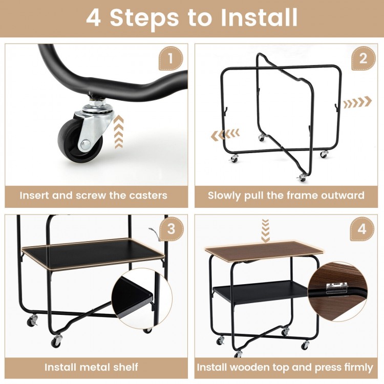 Step-by-step installation guide for the 2-tier end table with metal storage shelf and foldable frame in brown.