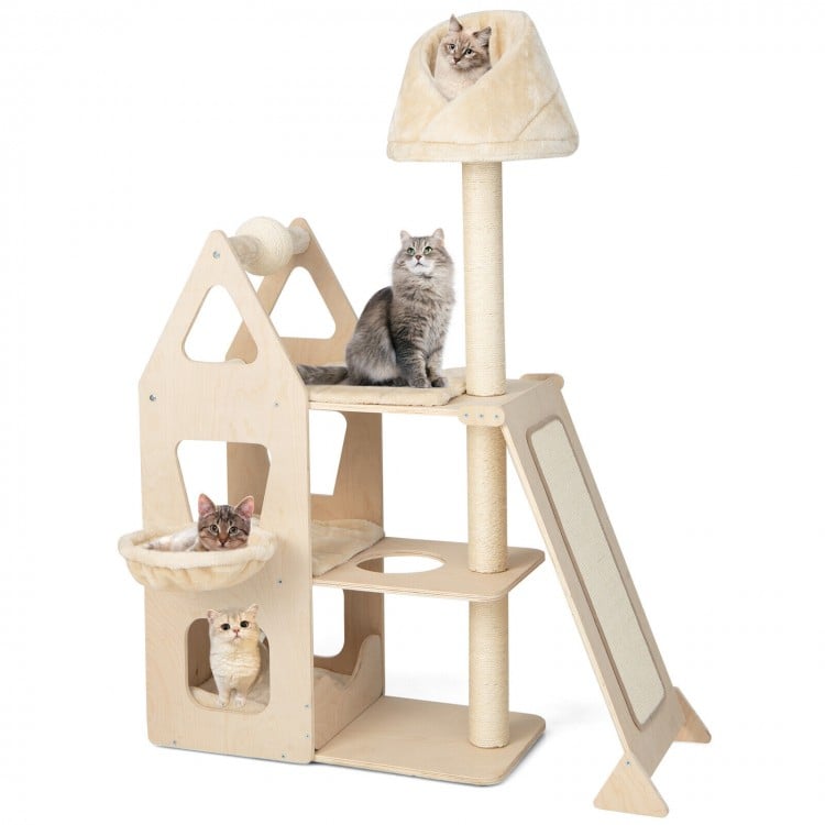 Multi-level cat tree in beige with sisal scratching post, padded perch, and hammock for playful and restful cats.