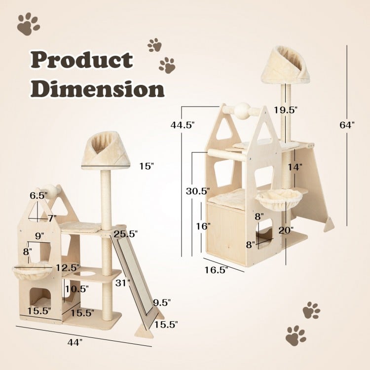 Multi-level cat tree with sisal scratching post, beige, featuring padded perch and hammock for play and rest.