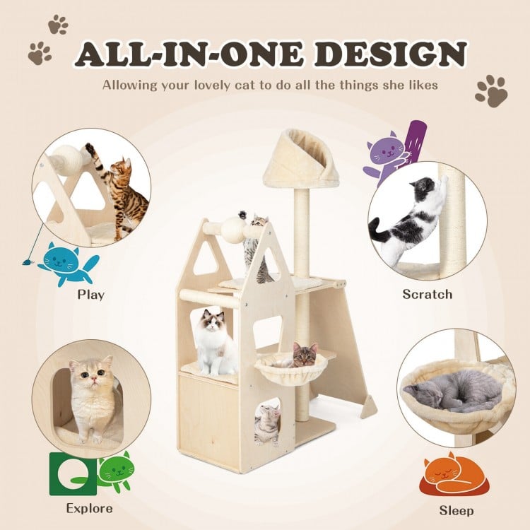 Multi-level cat tree in beige featuring a sisal scratching post, padded perch, and cozy hammock for play and rest.