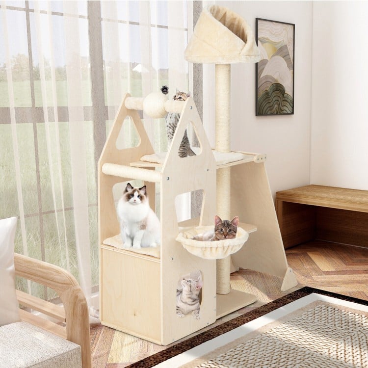 Multi-level cat tree in beige with sisal scratching post, padded perch, and hammock for cats to play and rest.