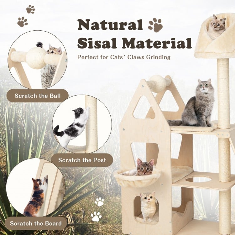 Multi-level cat tree in beige with natural sisal scratching post, padded perch, and cozy hammock for playful cats.