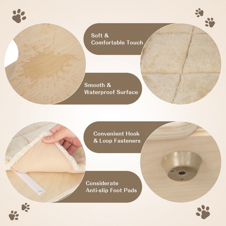 Close-up of the soft and waterproof surface of the beige multi-level cat tree with sisal scratching post for easy.