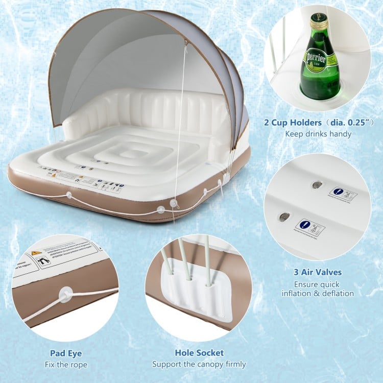 Inflatable pool float lounge with detachable sunshade, 2 cup holders, and durable PVC for easy relaxation in water.
