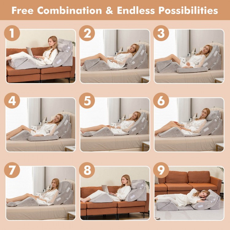 Orthopedic bed wedge pillow set in gray, showcasing adjustable positions for back and neck support. Ideal for comfort.