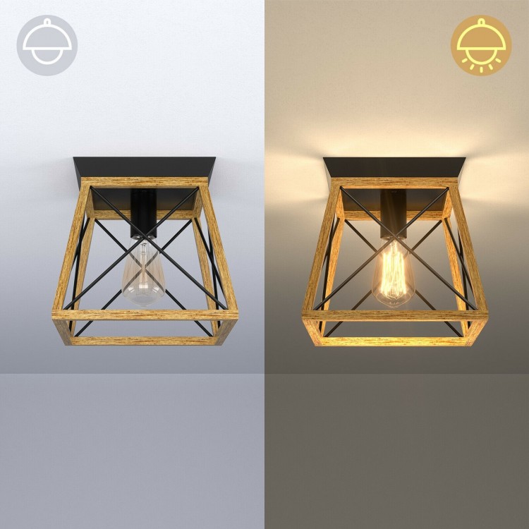 Farmhouse vintage ceiling light with E26 socket, featuring a black and wood grain design for dining room or hallway.