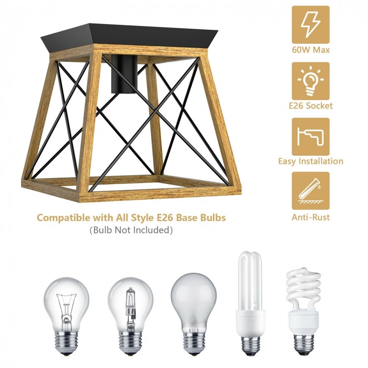 Farmhouse vintage ceiling light with E26 socket, featuring a black and wood grain design for dining room or hallway use.