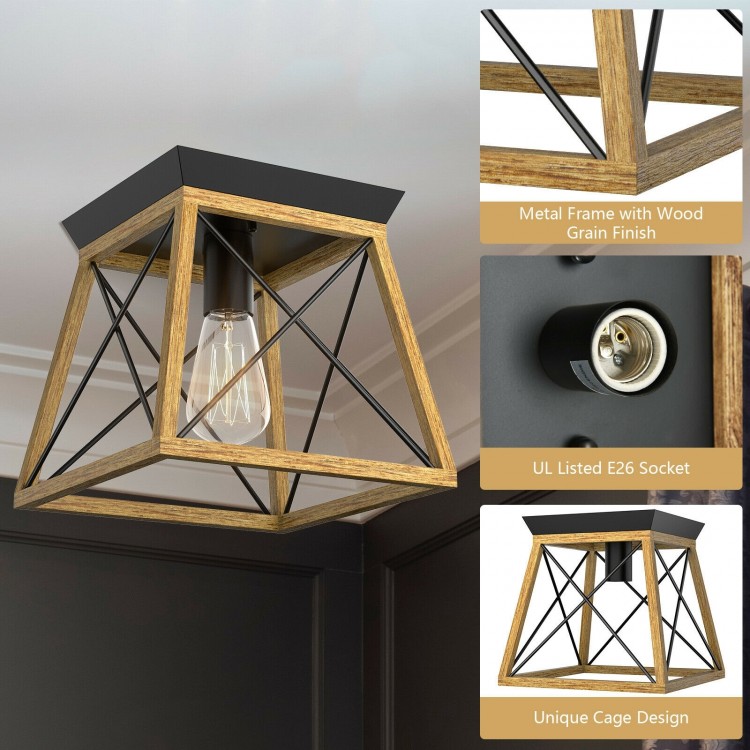 Farmhouse vintage ceiling light with a metal frame and wood grain finish, perfect for dining rooms and hallways.