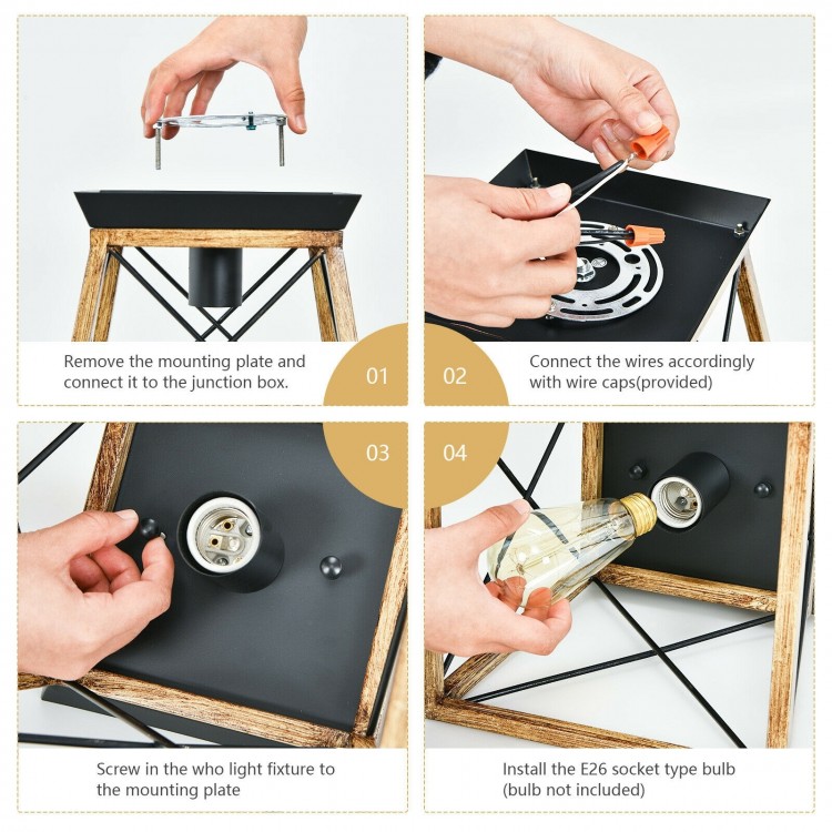 Step-by-step assembly of the Farmhouse Vintage Ceiling Light with E26 socket, featuring a sturdy iron frame and wood.