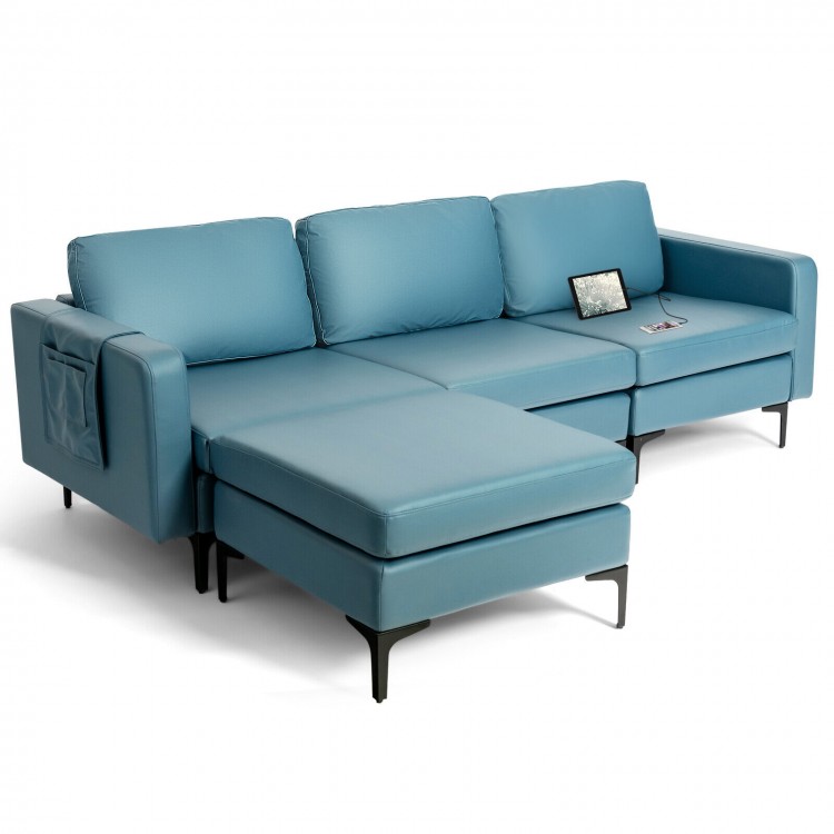 Modular L-shaped sectional sofa in blue with reversible chaise, USB ports, and armrest organizer for modern living.