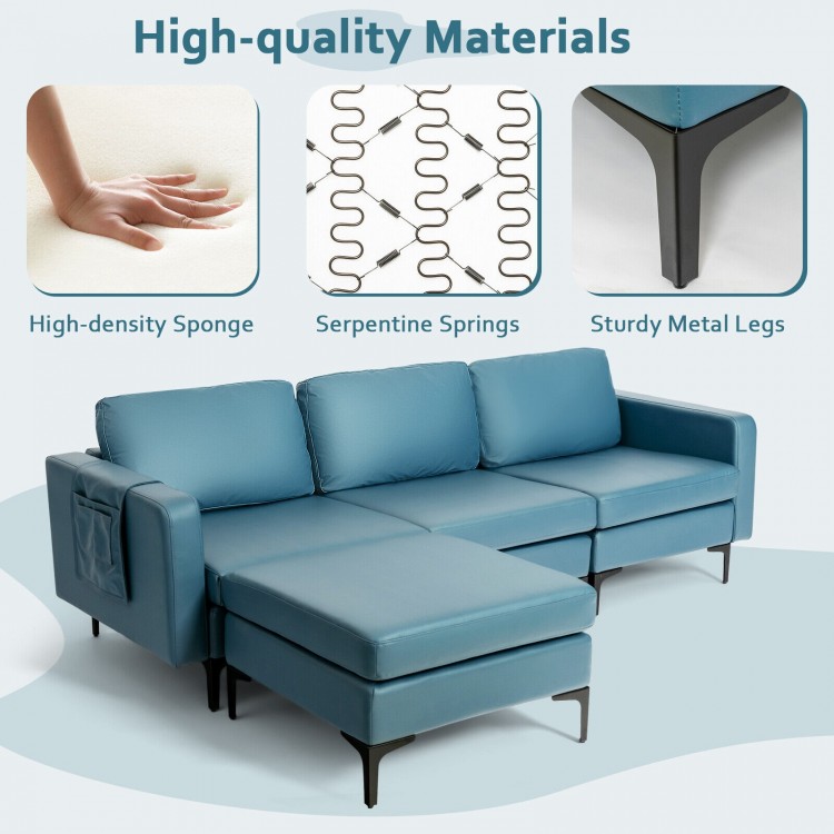 Modular L-shaped sectional sofa in blue with reversible chaise, USB ports, and sturdy metal legs for modern living.
