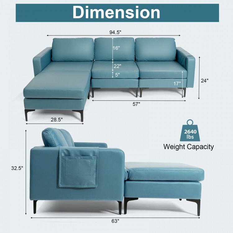 L-shaped sectional sofa dimensions with reversible chaise, blue leather fabric, and 2 USB ports for modern living rooms.