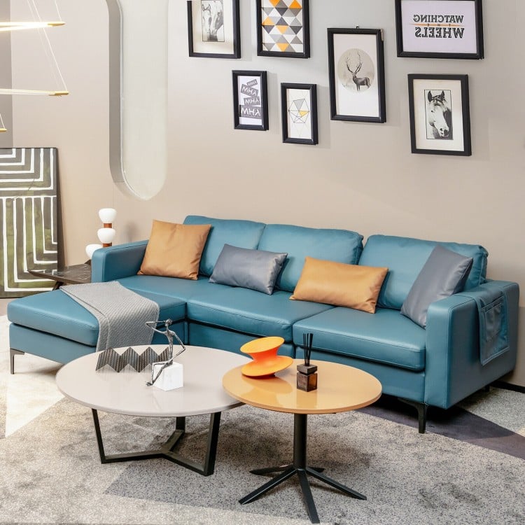 L-shaped blue sectional sofa with reversible chaise, USB ports, and comfortable cushions for modern living rooms.