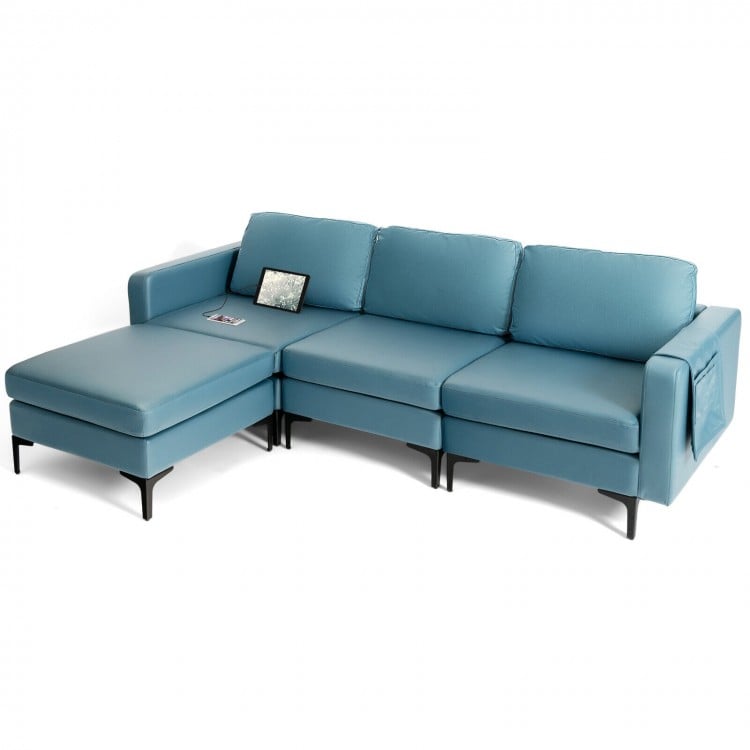 Modular L-shaped sectional sofa in blue with reversible chaise, USB ports, and convenient armrest organizer for living.