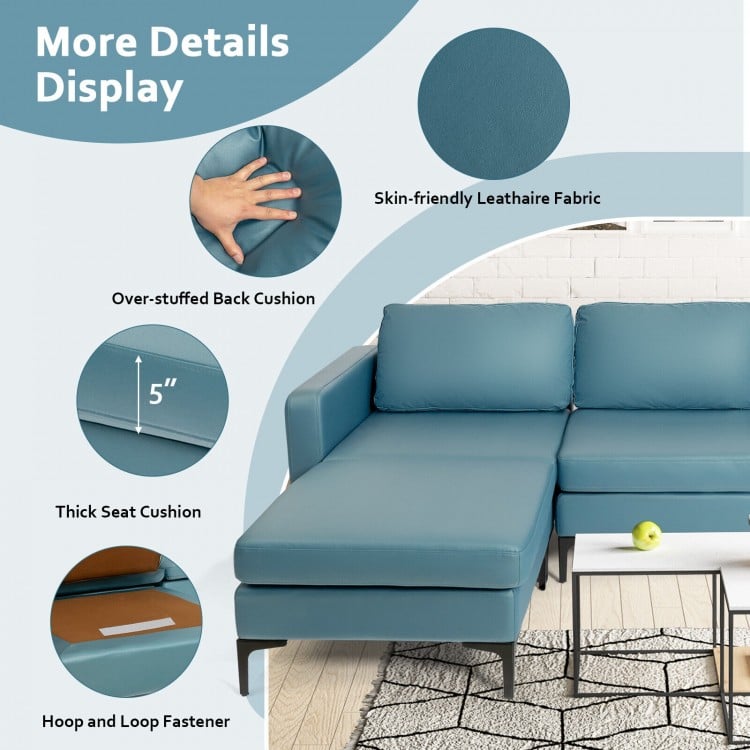 Detail view of the blue modular L-shaped sectional sofa with thick cushions and skin-friendly leather fabric for.