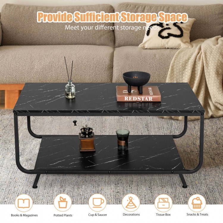 Modern 2-tier black coffee table with faux marble top and metal frame, offering extra storage for living room.