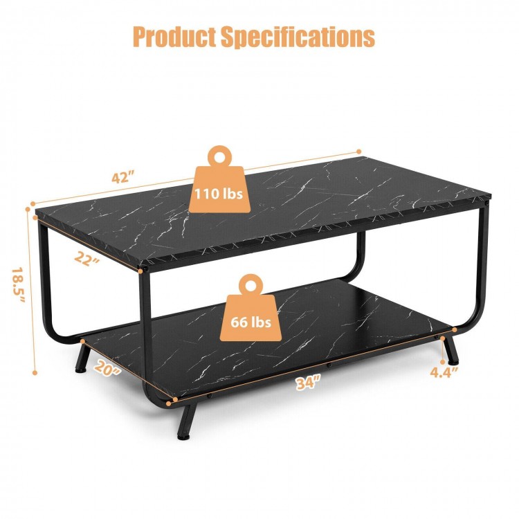2-tier modern black marble coffee table with storage shelf, sturdy metal frame, ideal for living room or study use.
