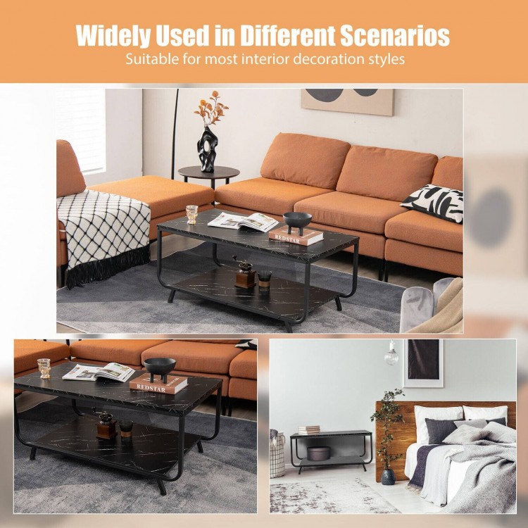 2-tier modern black coffee table with faux marble top and metal frame, ideal for living room or bedroom decor.