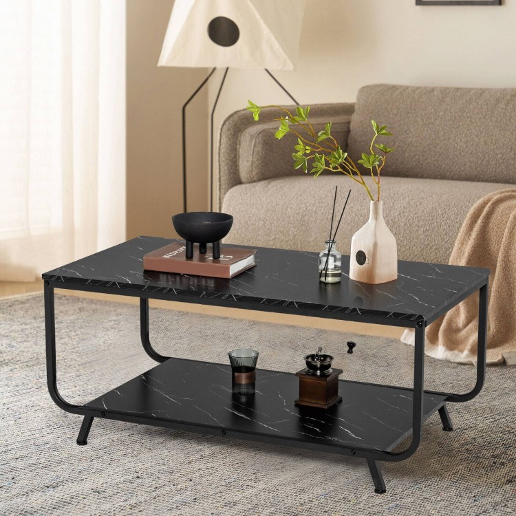 Modern black 2-tier coffee table with faux marble top and metal frame, featuring storage shelf for living room use.