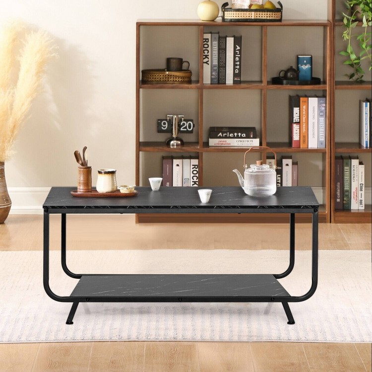 Black 2-tier modern marble coffee table with storage shelf, featuring a sturdy metal frame for living room use.