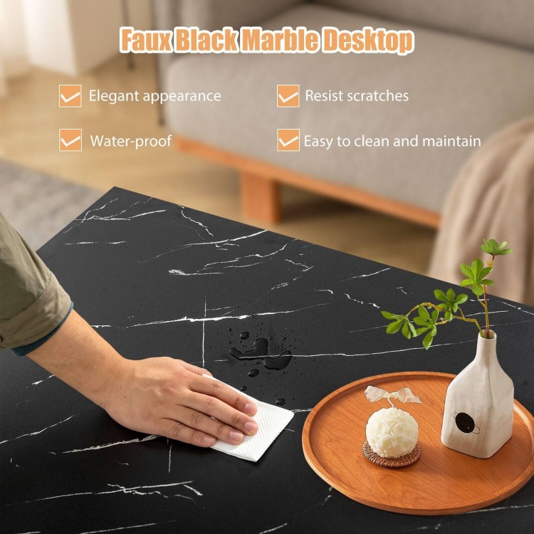 Faux black marble coffee table top with a hand cleaning, showcasing its waterproof and easy-to-maintain surface.