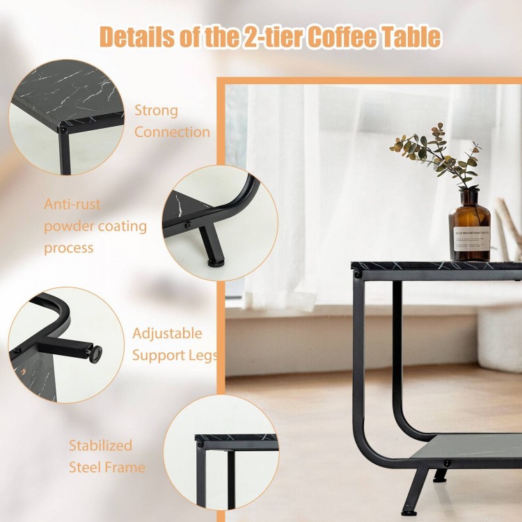 2-tier modern coffee table with black faux marble top, sturdy metal frame, and adjustable legs for living room storage.