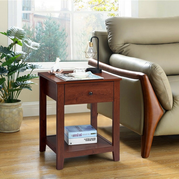 Night stand end side table in rich wood finish with drawer and open shelf, perfect for bedside essentials and decor.