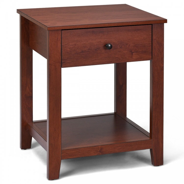 Night stand end table in rich wood finish with drawer and open shelf, perfect for bedside essentials and decor.
