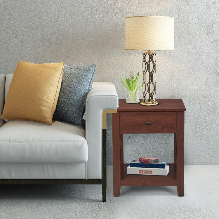 Night stand end side table with drawer and open shelf, crafted from particleboard, perfect for bedside essentials.
