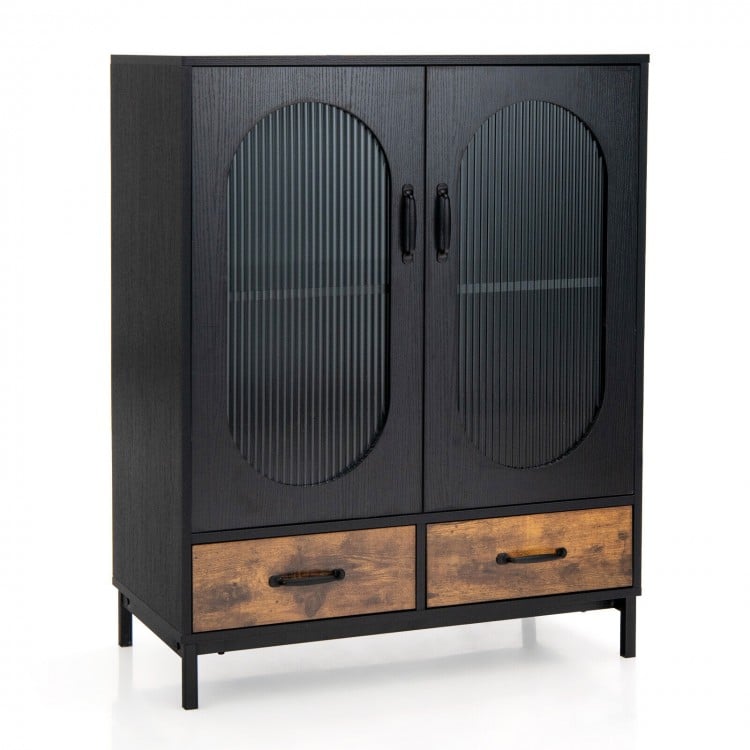 Kitchen industrial buffet sideboard with tempered glass doors, black finish, and two deep drawers for stylish storage.