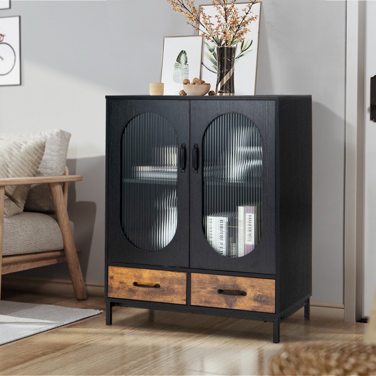 Industrial buffet sideboard with tempered glass doors, black finish, featuring spacious storage and two deep drawers.